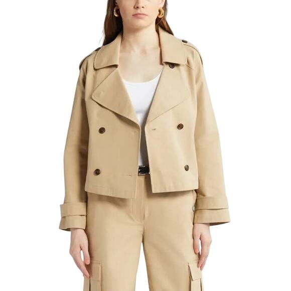 Nordstrom Cropped Trench Coat Stretch Cotton Boxy Double Breasted Green - Picture 2 of 10